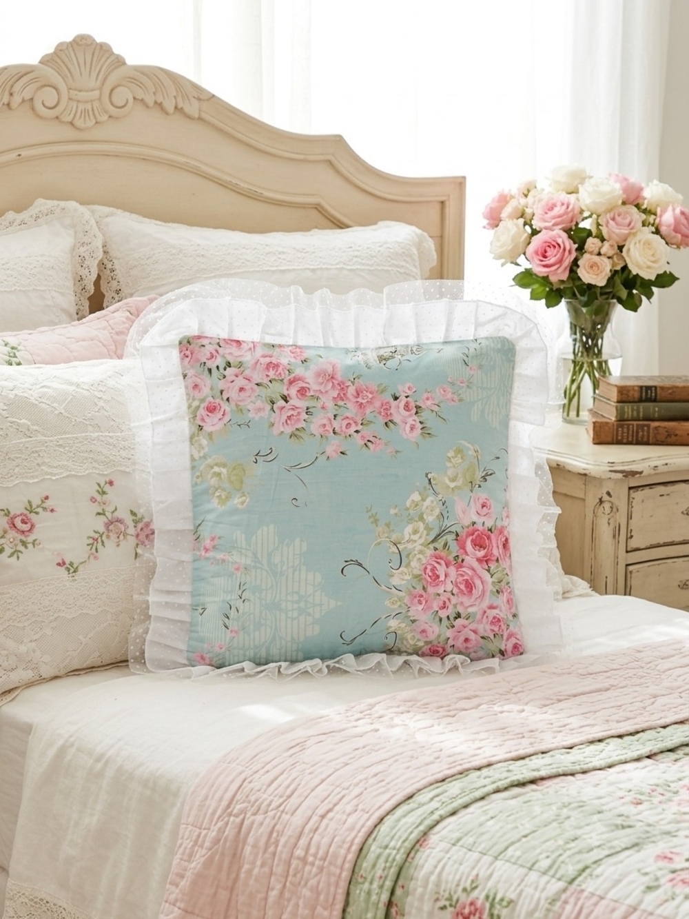 Floral Ruffled Throw Pillow in Blue with Pink Roses